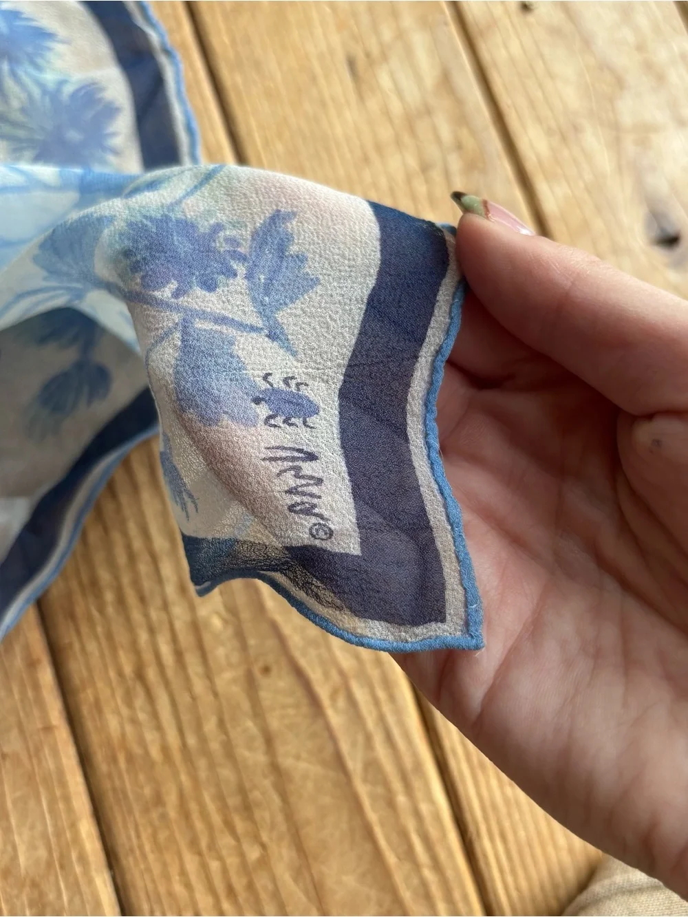 Vintage Vera Neumann White Scarf with Blue Floral Detailing